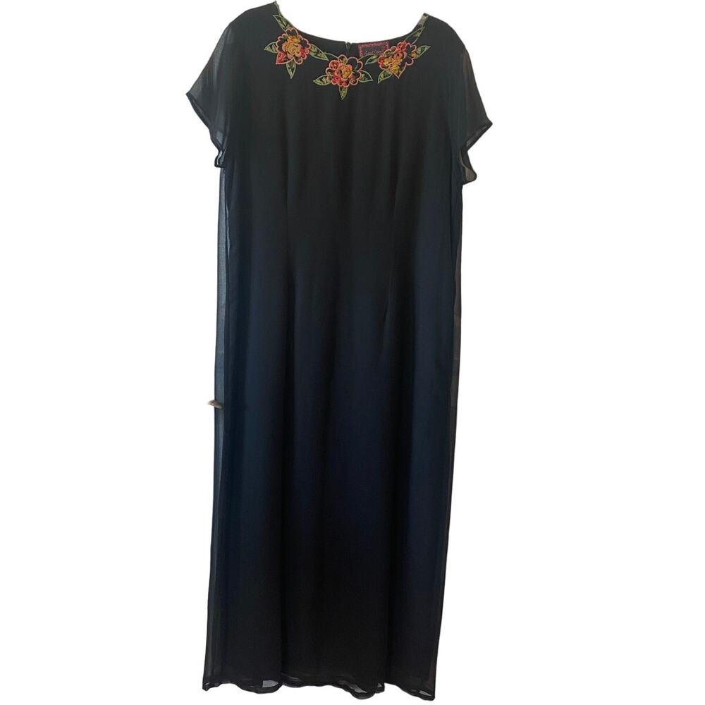 April Cornell Vintage 90s Maxi Lined Black Dress Embroidered Flowers Size Medium
